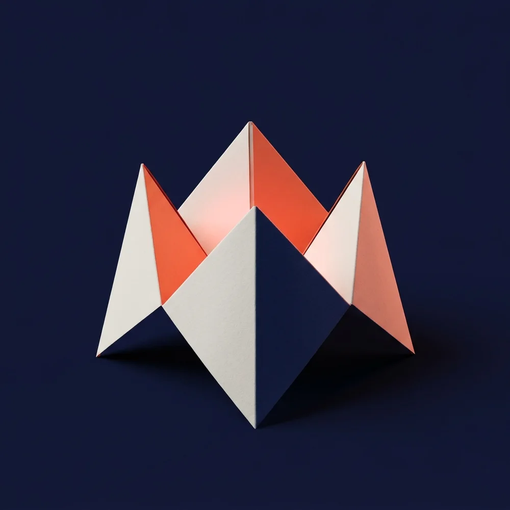 An origami fortune teller in white, navy and coral paper, one inner flap glowing as the chosen winner.