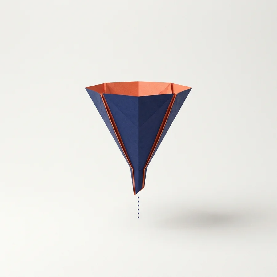 An origami funnel folded from a single sheet of paper, navy outside and coral inside.
