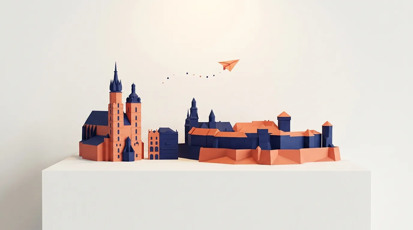 Kraków’s St. Mary’s Basilica and Wawel Castle folded from navy and coral paper, a small paper plane flying above.
